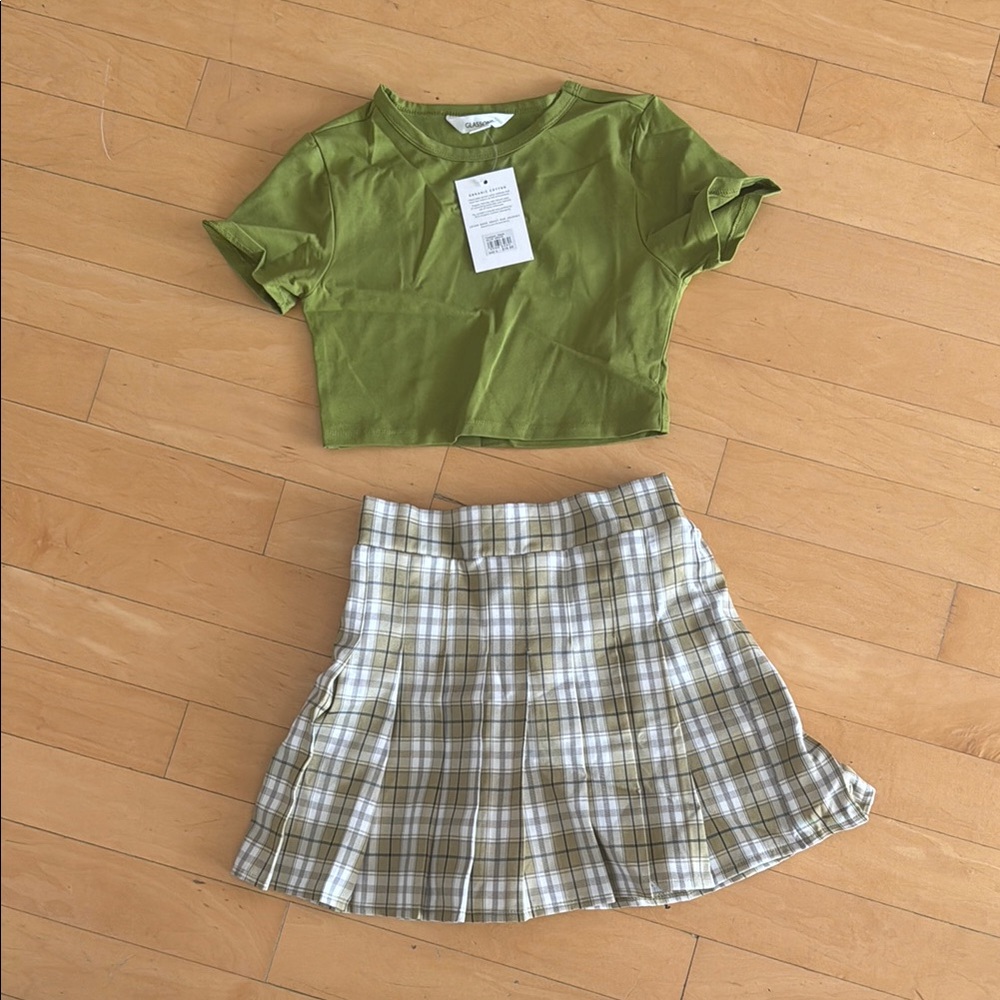 Green Crop Top and Plaid Skirt Set